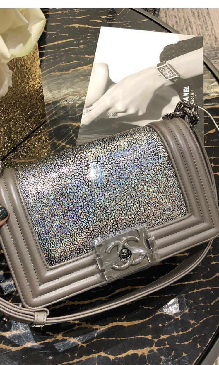 Chanel le boy small size stingray in silver rainbow hologram iridescent  brand new with tags