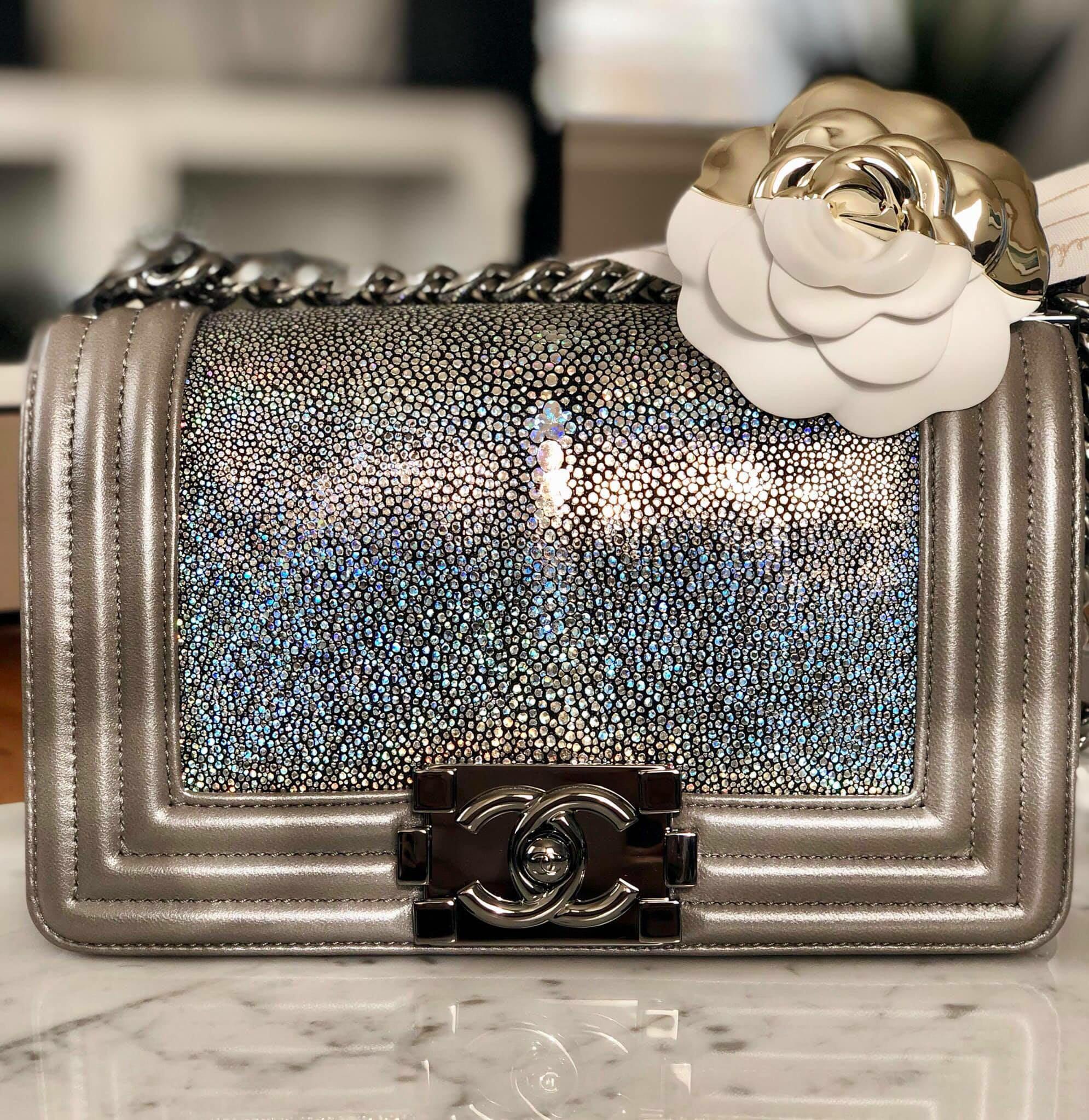 Chanel le boy small size stingray in silver rainbow hologram iridescent  brand new with tags