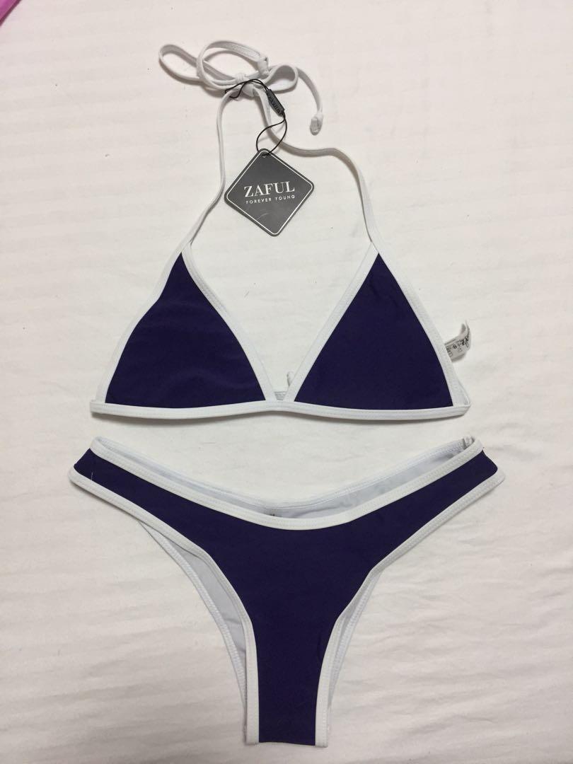 high cut contrast piping bikini set