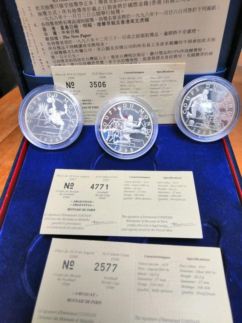 1998 法國世界杯紀念銀幣(10法郎,22g), 興趣及遊戲, 收藏品及紀念品, 錢幣- Carousell
