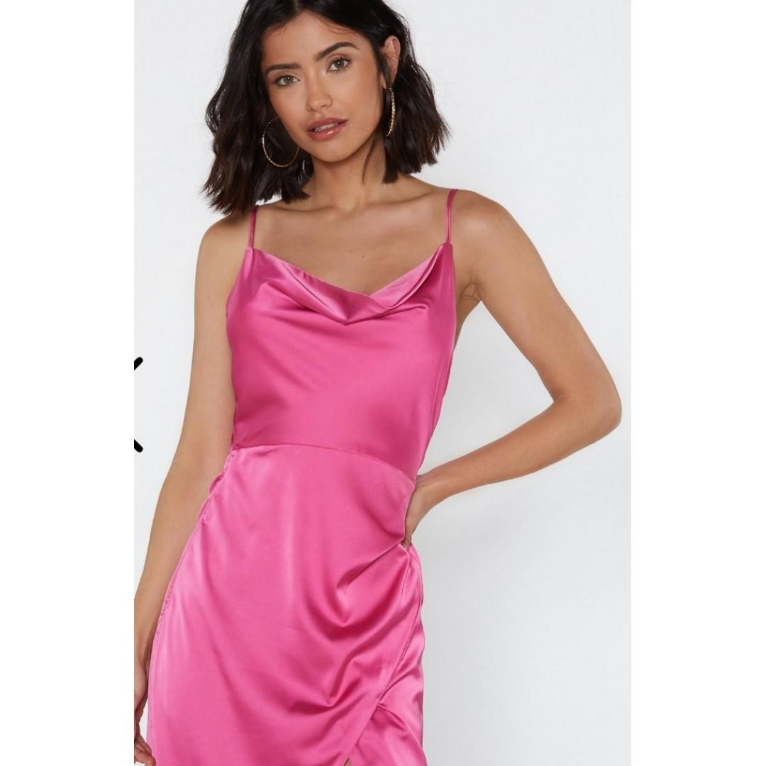 Brand New Nasty Gal Cowl Play Satin Dress In Pink Womens Fashion Tops Sleeveless On Carousell 