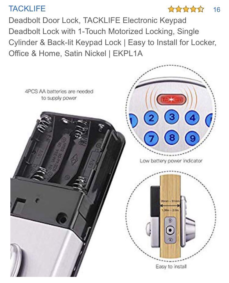Tacklife Electronic Keypad Deadbolt Lock, Furniture & Home Living
