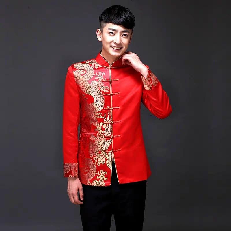 (Used) Red Changshan / Male Cheongsam with Golden Dragon (L), Men's ...