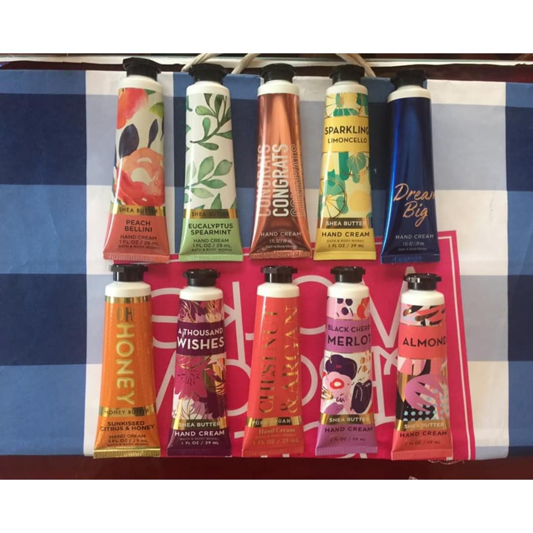 Bath & Body Works Hand Cream from the US (Category: Body Care) located in Baguio. Submitted by alessiegail (Listing ID 229668309, Image 1). Description: Authentic Bath and Body Works Hand Cream (US products) in various scents: 29 ml each *Sparkling Limoncello *A Thousand Wishes *Peach Bellini *Congrats (cool mint) *Eucalyptus Spearmint *Sunkissed Citrus & Honey *Almond *Black Cherry Merlot *Chestnut & Argan *Dream Big (sugar berry).