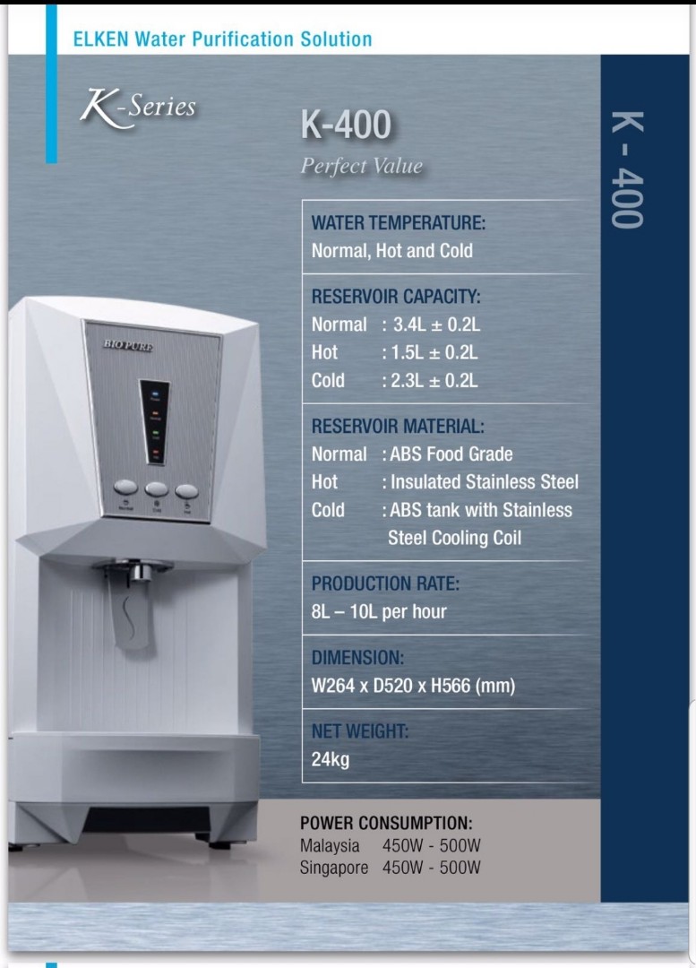 Elken Bio pure Water Purifier k400free 2years service, TV & Home