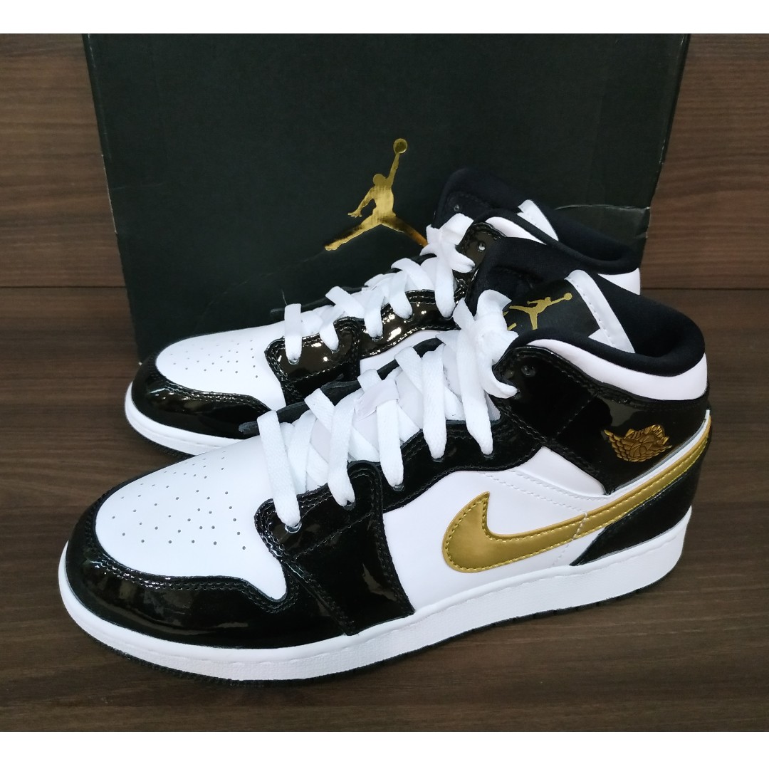 Air jordan nike aj i 1 mid patent black white gold sale