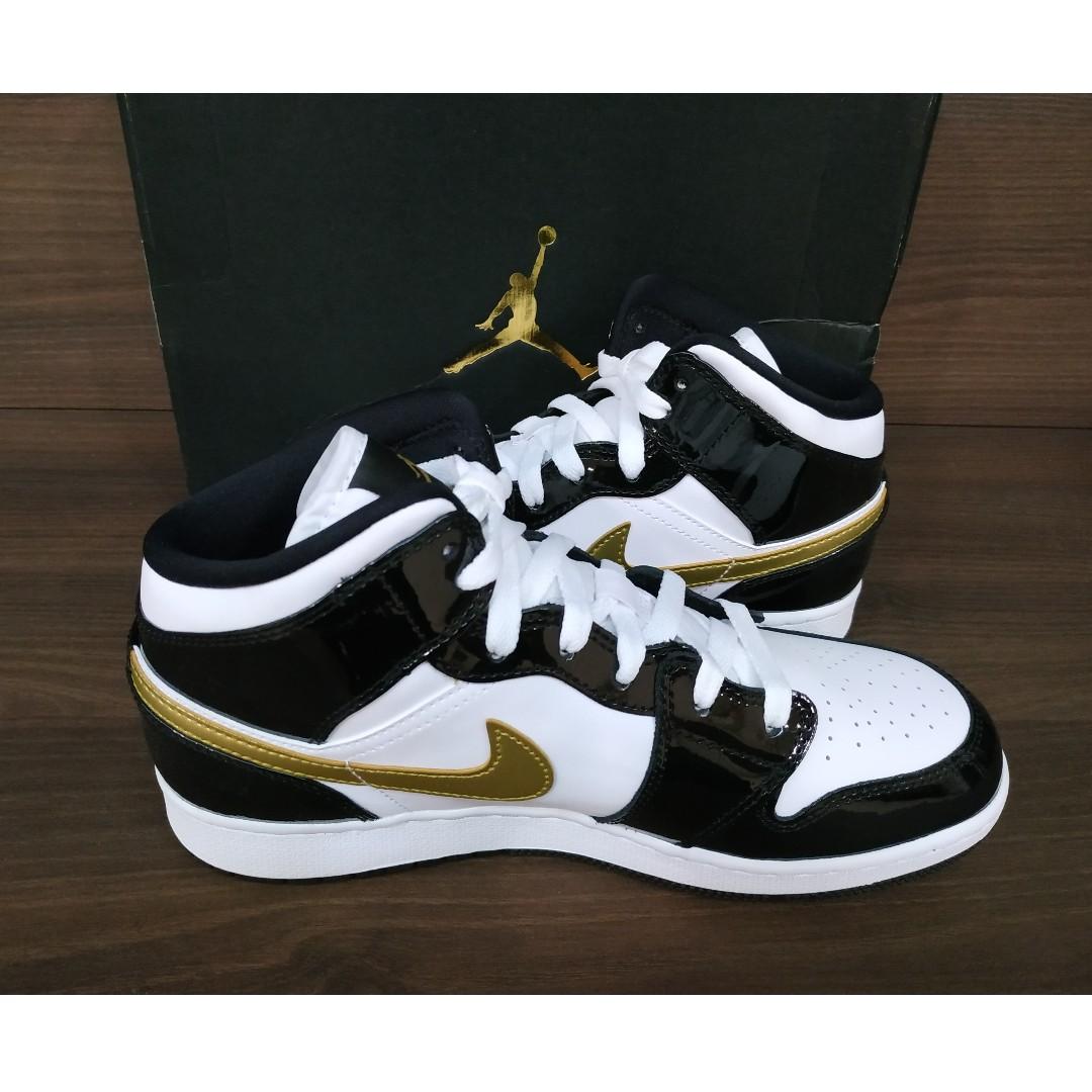 Nike Air Jordan 1 Mid Patent Black White Gold GS, Men's Footwear, Sneakers Carousell