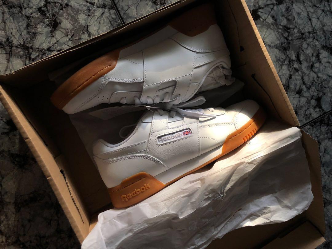 reebok workout plus white trainers with gum sole