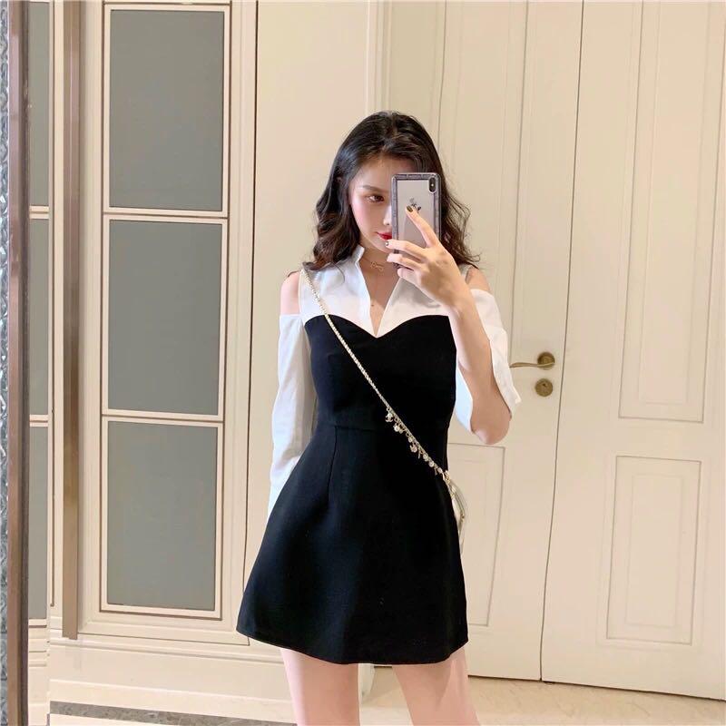 Black Dress Off Shoulder Chic Korean Dress Ulzzang For Women Woman