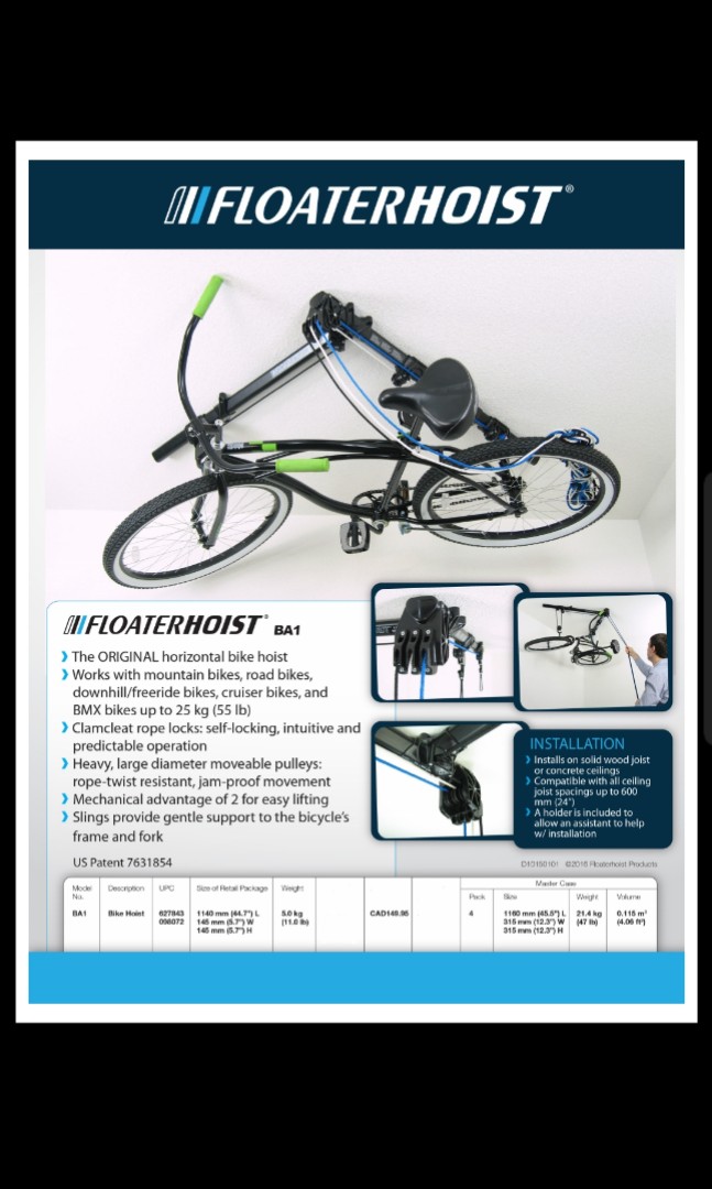 Floaterhoist ba1 horizontal bike hoist deals