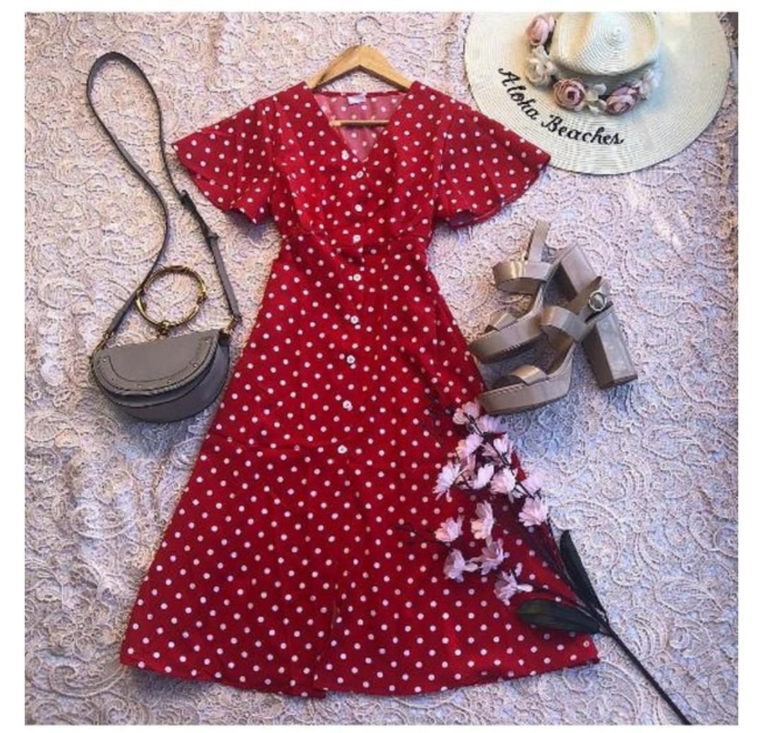 Red polka dots buttondown dress Women s Fashion Dresses Sets