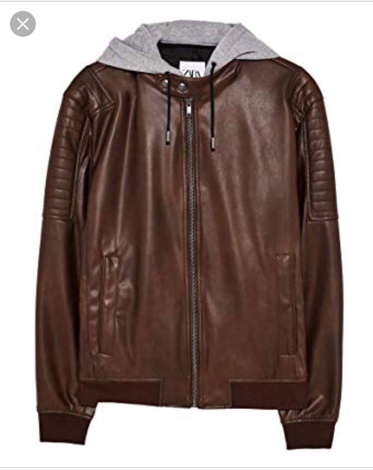 Zara Brown Faux Leather Hoodie Jacket 