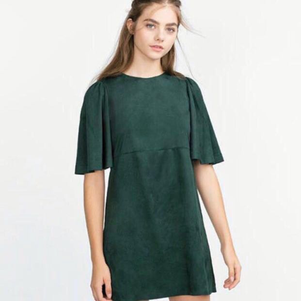 ZARA Green Faux Suede Dress with Cape Sleeve Women s Fashion