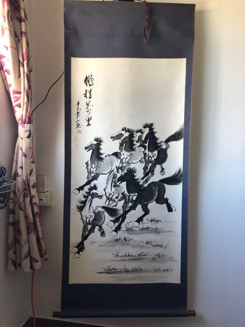 Chinese Calligraphy Scroll Painting 8 Horses Vintage