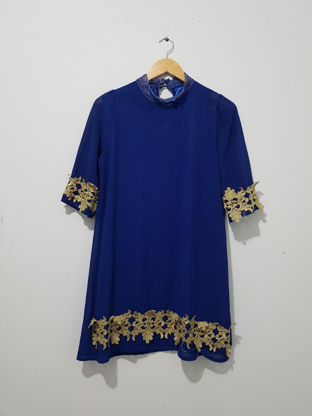 Dress Wanita Biru Elektrik Kombinasi Brokat Emas All Size Merk