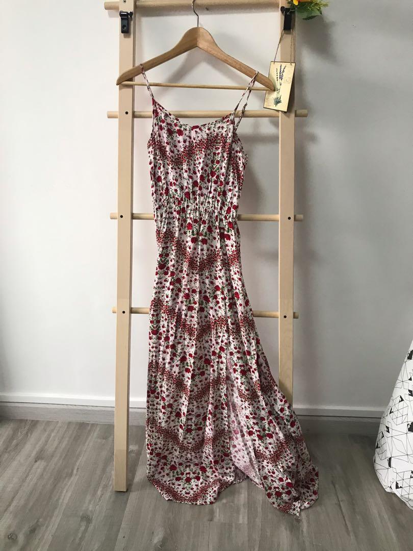 H M Red Floral Maxi Dress With Slit Women S Fashion Clothes Dresses Skirts On Carousell