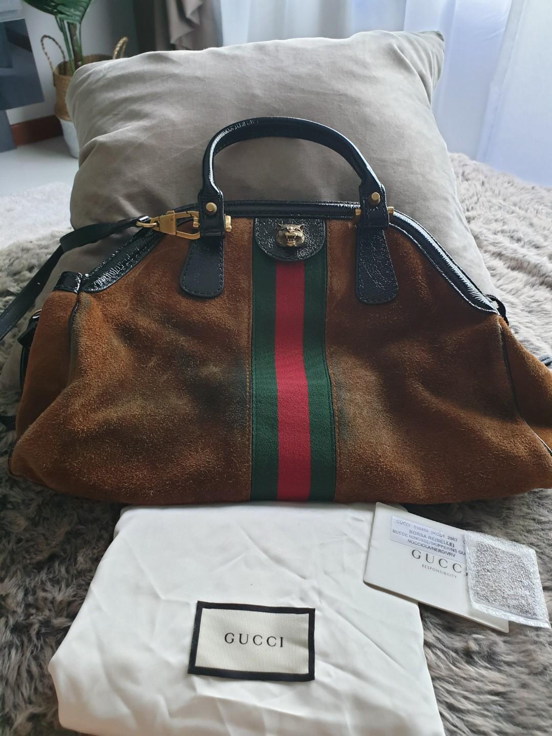 PRE LOVED GUCCI RE BELLE SUEDE MEDIUM TOP HANDLE BAG 39CM