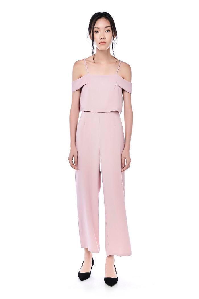 pink cold shoulder jumpsuit