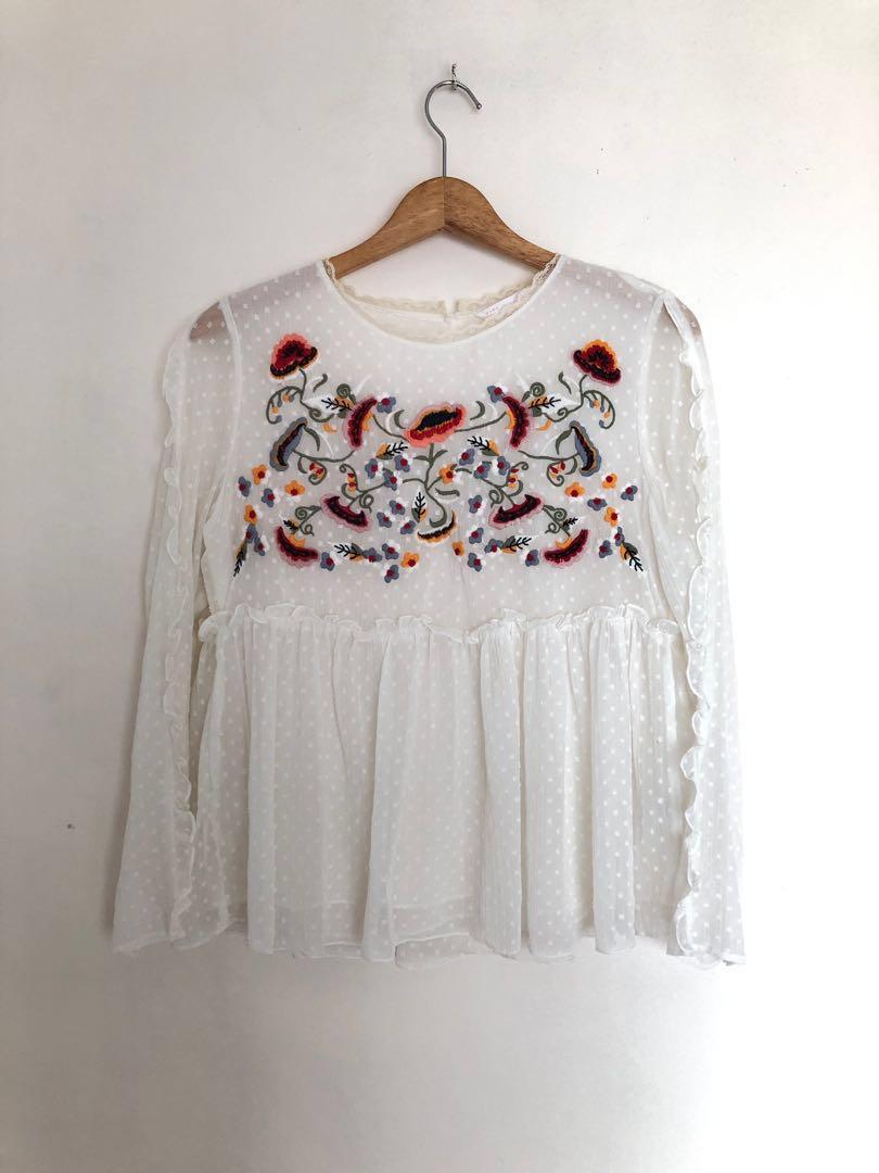 zara white embroidered blouse