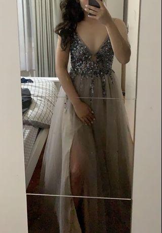 Formal Dress Nude Mauve Sequins Slit Gown RENT