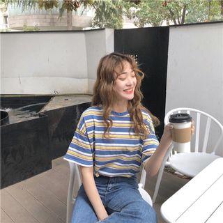 黃藍條紋短袖上衣！