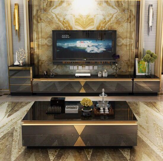 Modernistic Glass Gold Plated Coffee Table and TV cabinet