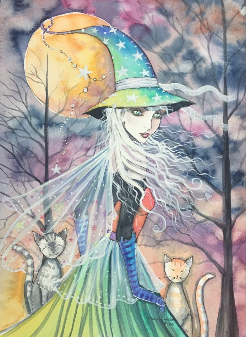 Original Watercolour: Enchanting witch with two cats by American artist Molly  Harrison, Hobbies & Toys, Memorabilia & Collectibles, Vintage Collectibles  on Carousell