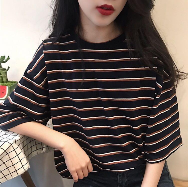 Summer Korean style brown u0026 white striped loose T-shirt, Women's Fashion,  Tops, Other Tops on Carousell