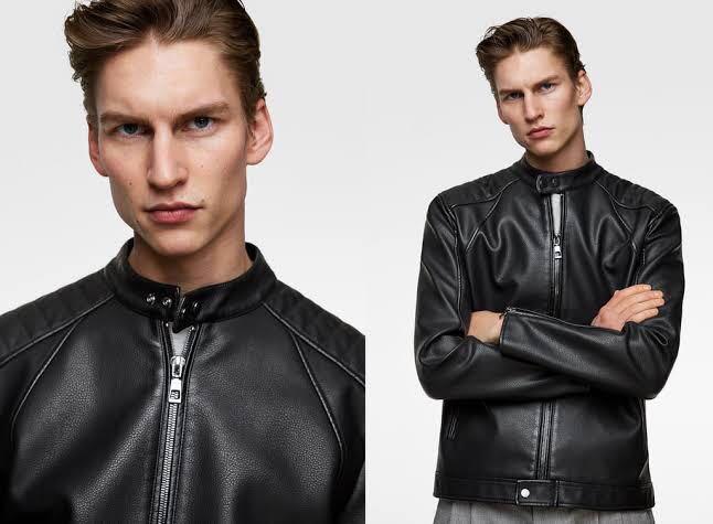 zara man black leather jacket