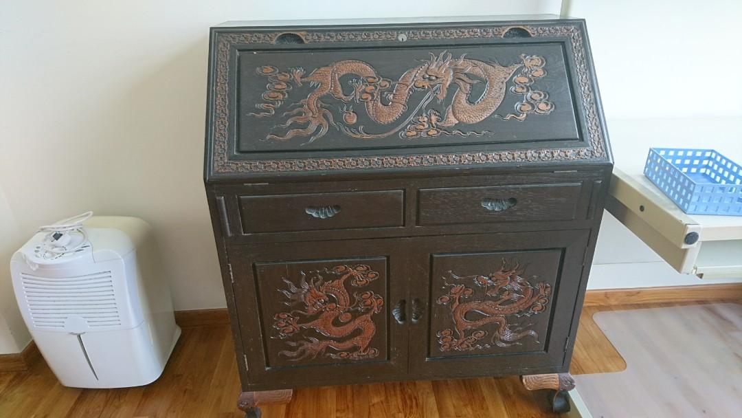 Antique Chinese Dragon Bureau Secretary Desk Folding Table