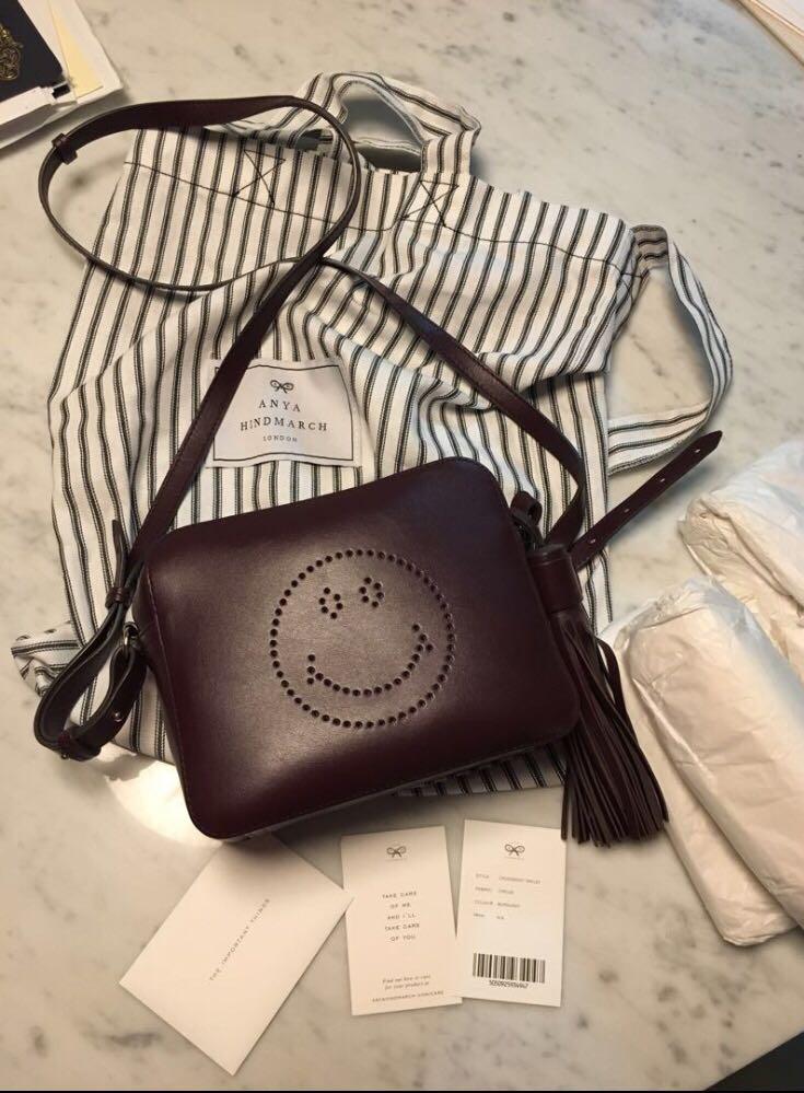 Anya hindmarch crossbody smiley burgundy Women s Fashion Bags Wallets Cross body Bags on Carousell