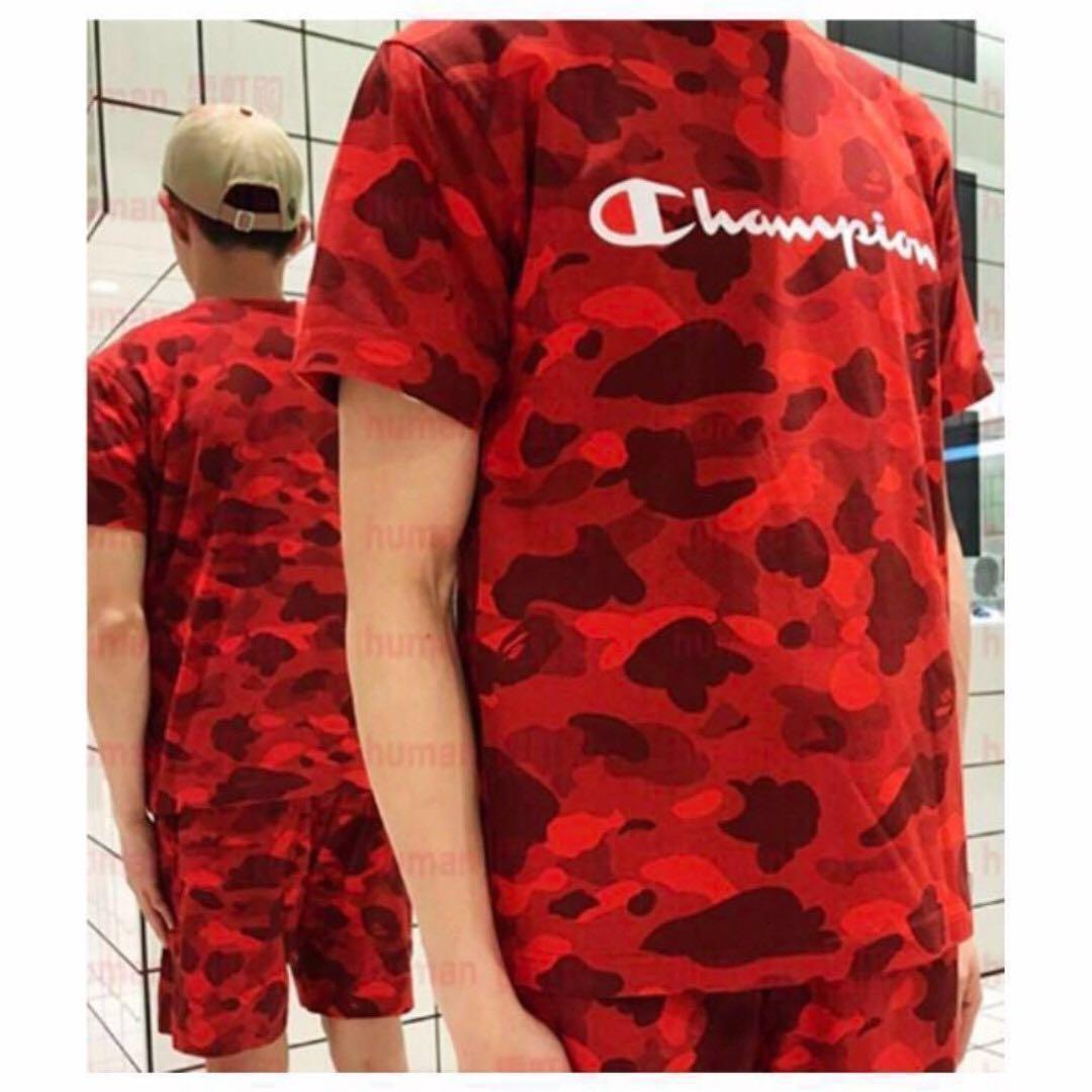 Bape X Champion Red Camo, Men's Fashion 