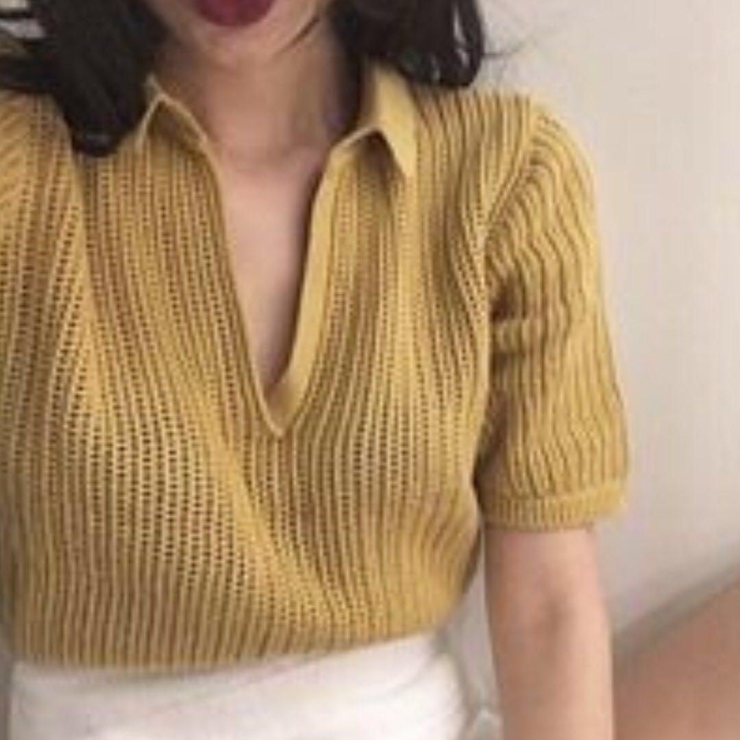 Mustard V Neck Polo Knitted Crochet Polo Blouse Women S Fashion Tops Blouses On Carousell