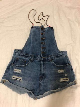 DENIM DUNGAREES W/LEATHER CORD STRAPS