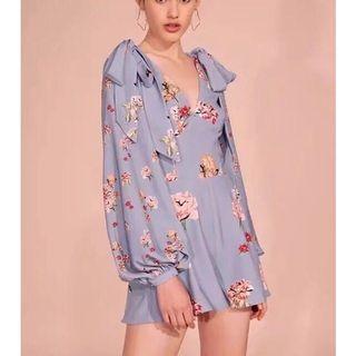 Blue romper playsuit puff longsleeves with bow shoulders