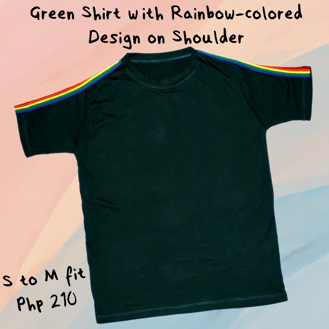 Green Shirt with Rainbowcolored Design on Shoulder, Men's Fashion