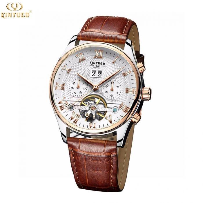 KINYUED 1986 Leather Waterproof Skeleton Tourbillon Mechanical Men
