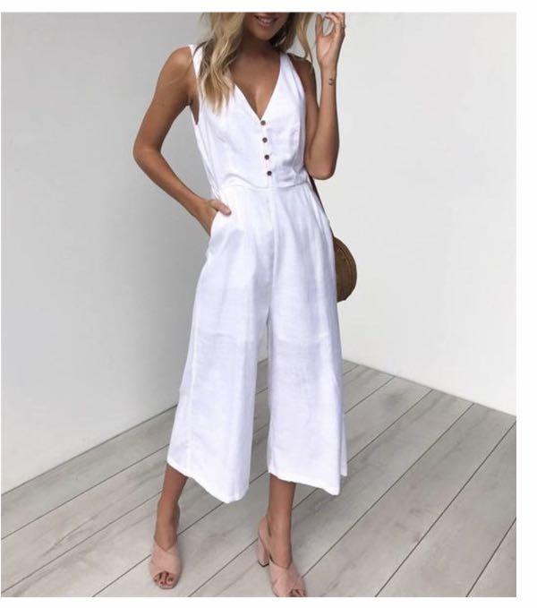 All white linen jumpsuits clearance