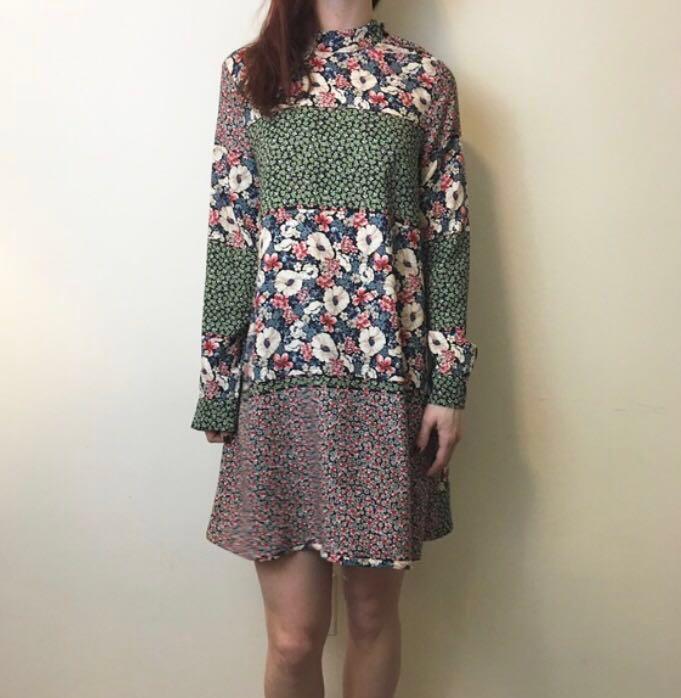 Zara Red Patchwork Floral Print Flowing Dress Size XS 6 8