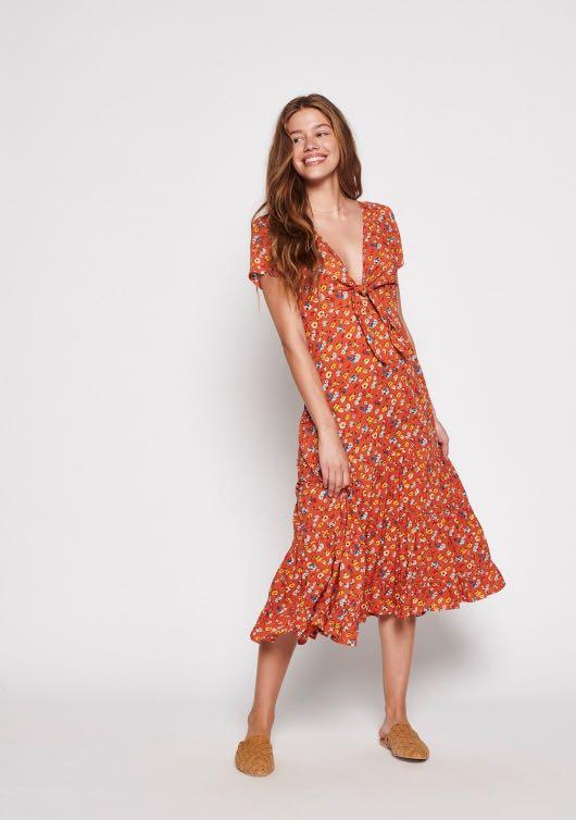 Agnes Fleur Maxi Rust Orange Floral Short Sleeve Tie Front Dress