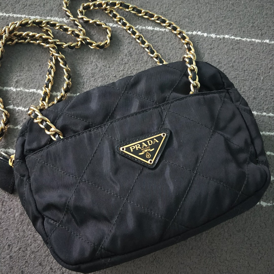 Prada Bag nylon quilt handbag sling crossbody chain, Luxury, Bags
