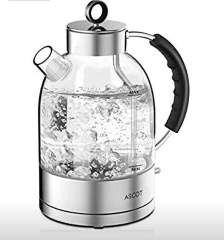 1.6 L Cordless Glass Teapot with Auto Shut Off & Boil-Dry Protection Clear LED Light ASCOT KE1003 Electric Kettle Hot Water Boiler with 304 Stainless Steel 