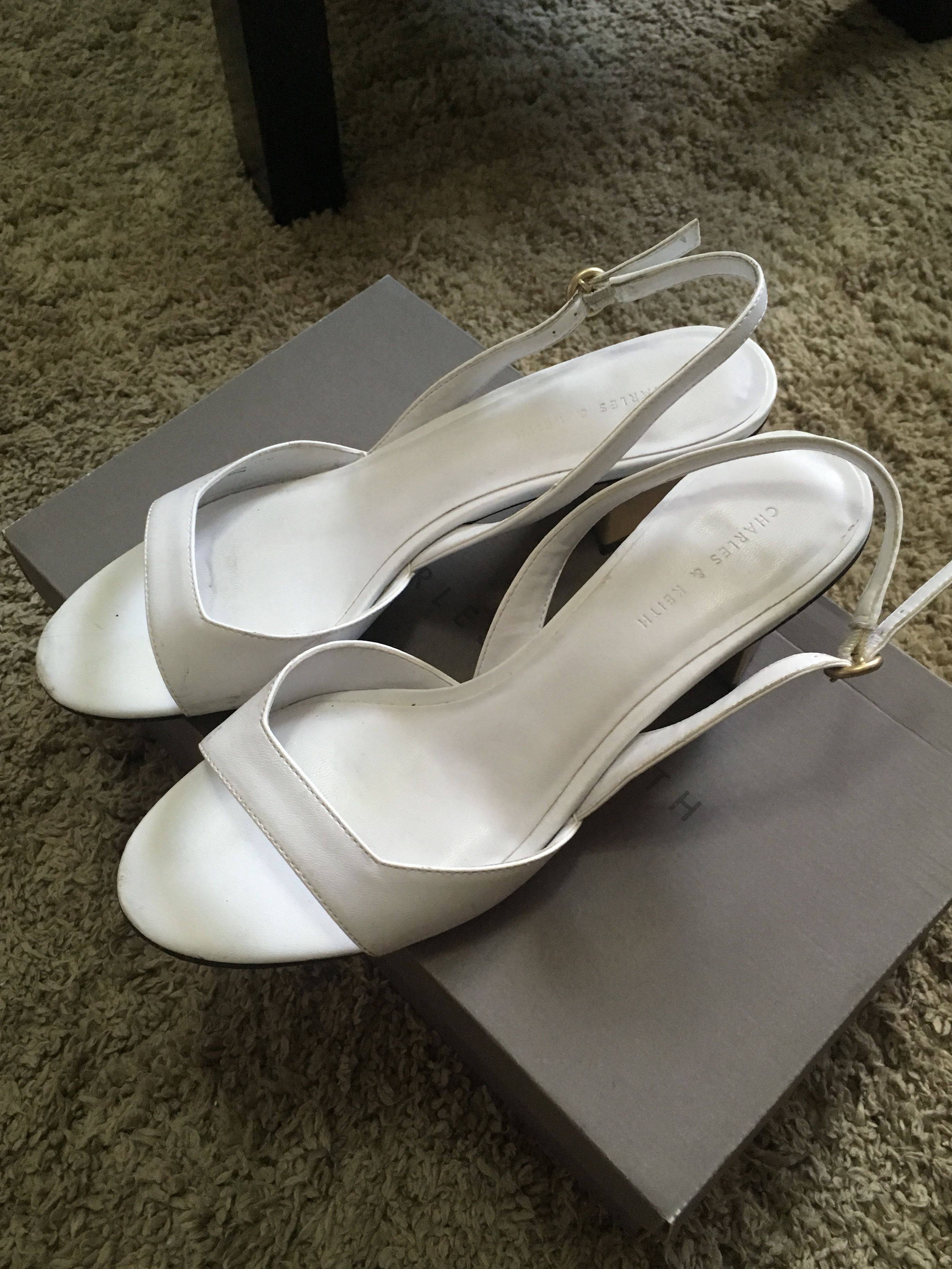 white and gold block heels