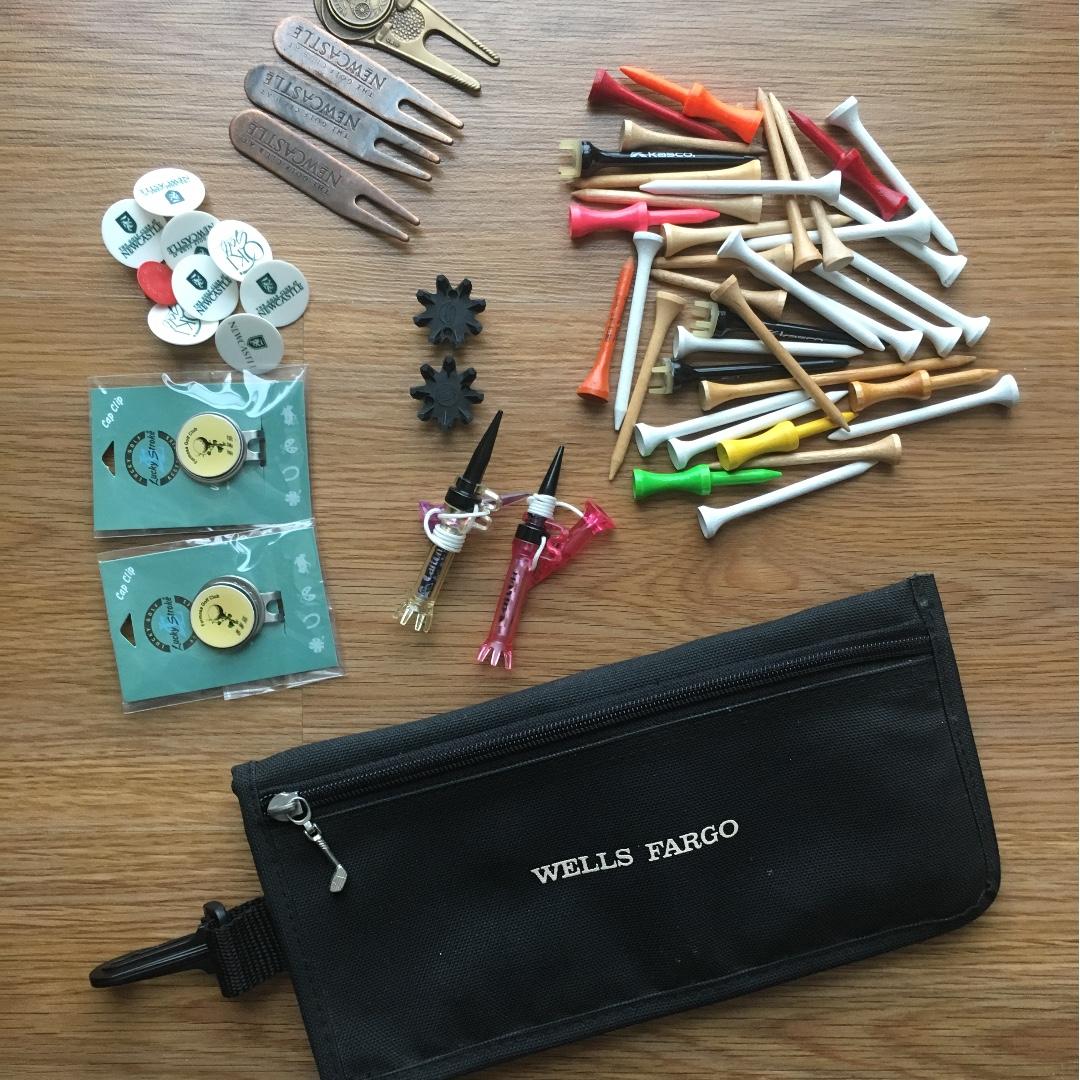 Golf tees, pins, divot tools and zippered accessories bag (Category: Golf) located in Mandaluyong City. Submitted by savedeal (Listing ID 230940899, Image 1). Description: About a dozen tees, 10 pins, two magnetic cap pins, four divot tools, and Wells Fargo zippered accessories bag. Final price. .