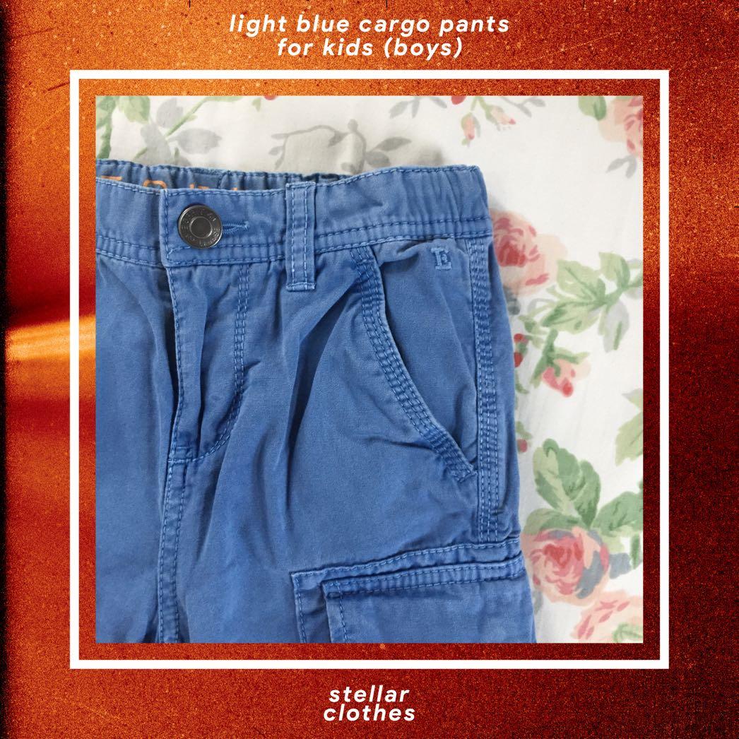 Light Blue Cargo Pants for Kids (Boys) (Category: Babies & Kids Fashion) located in Bulacan. Submitted by stellarclothes (Listing ID 230977855, Image 3). Description: • This pair of pants has additional pockets which add an army touch to its design. • Fit for boys aged 4 to 6. • Price: Fixed. • Reason for Selling: Need cash. • Condition: Slightly used. • Flaws: Light iron marks (see 8th and 9th photo). • Measurements: See last photo. • Reservatio