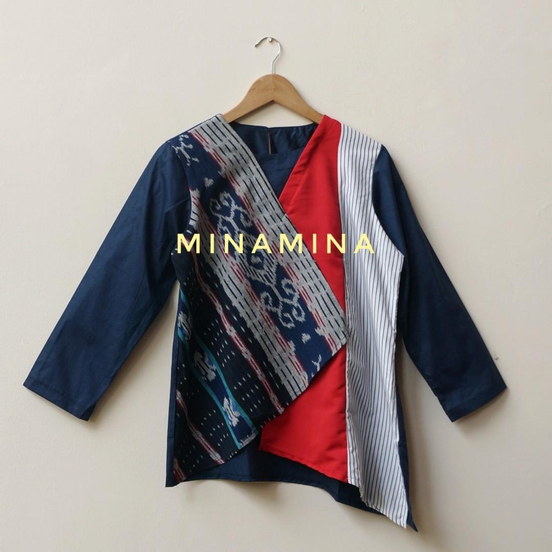 New Baju Atasan Wanita Kombinasi Tenun Ikat Stylish Top Modern T Dpa Navy Blue Olshop Fashion Olshop Wanita Di Carousell