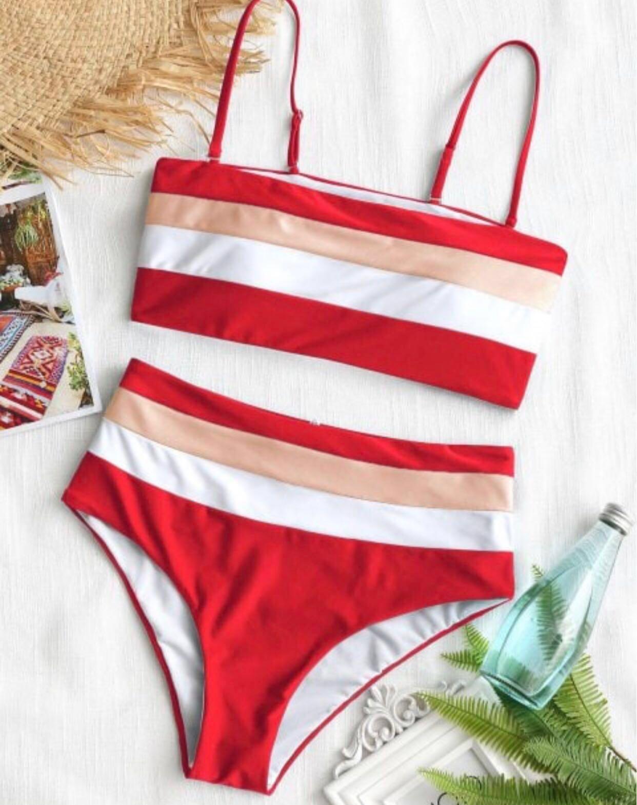 red bandeau bikini with straps