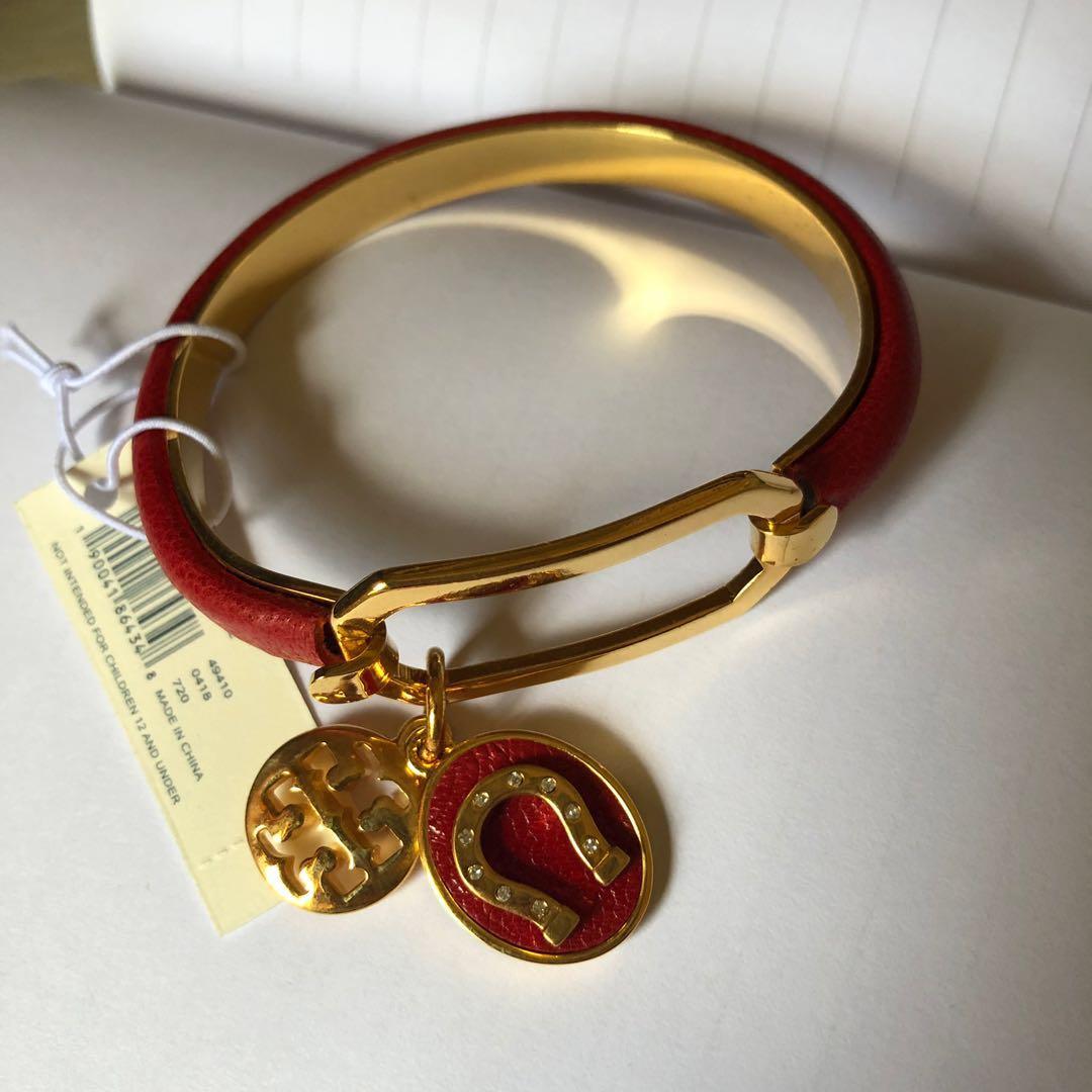 Tory Burch Leather Red Gold plated horseshoe logo drop bracelet