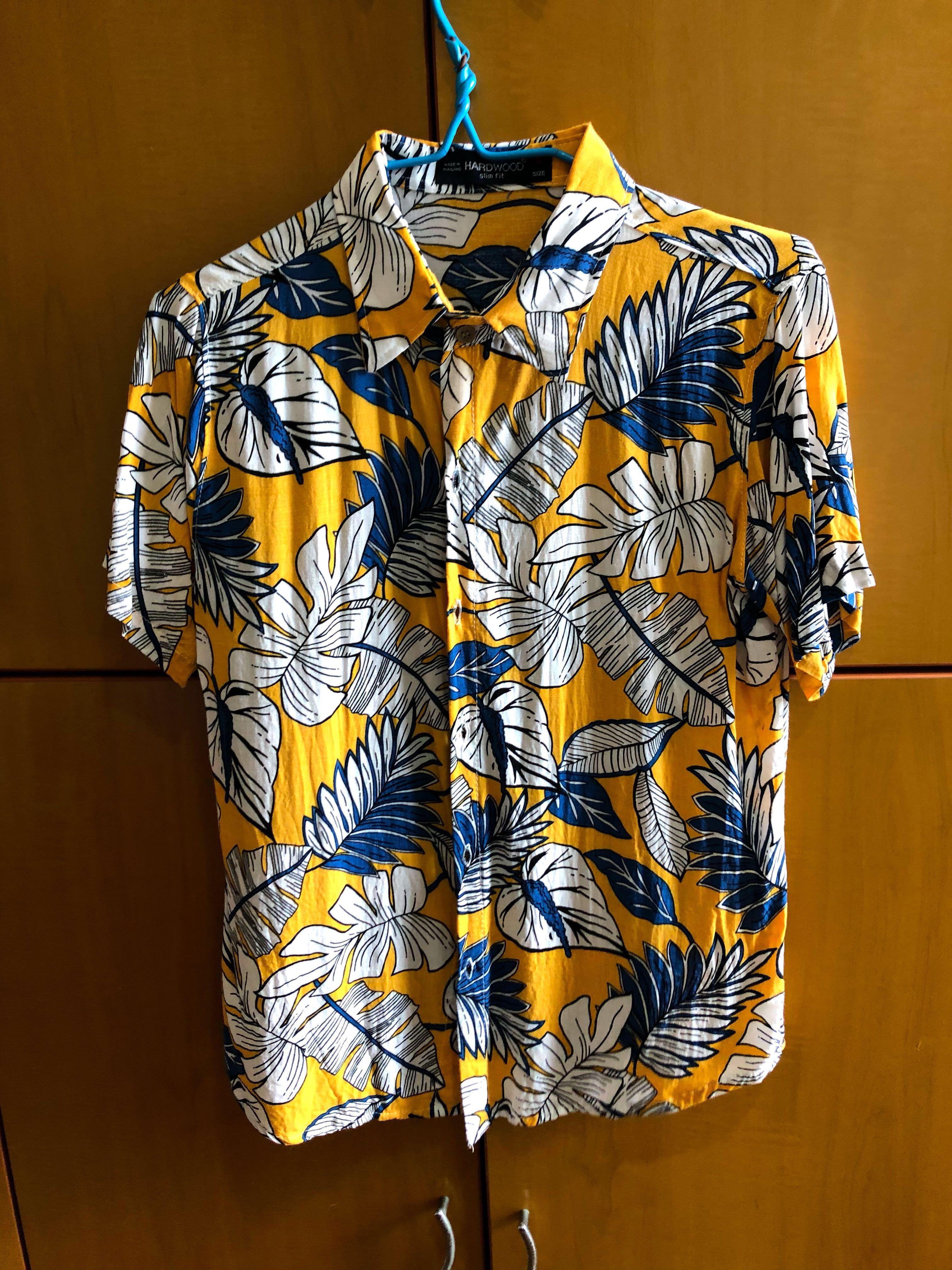 blue and yellow hawaiian shirt