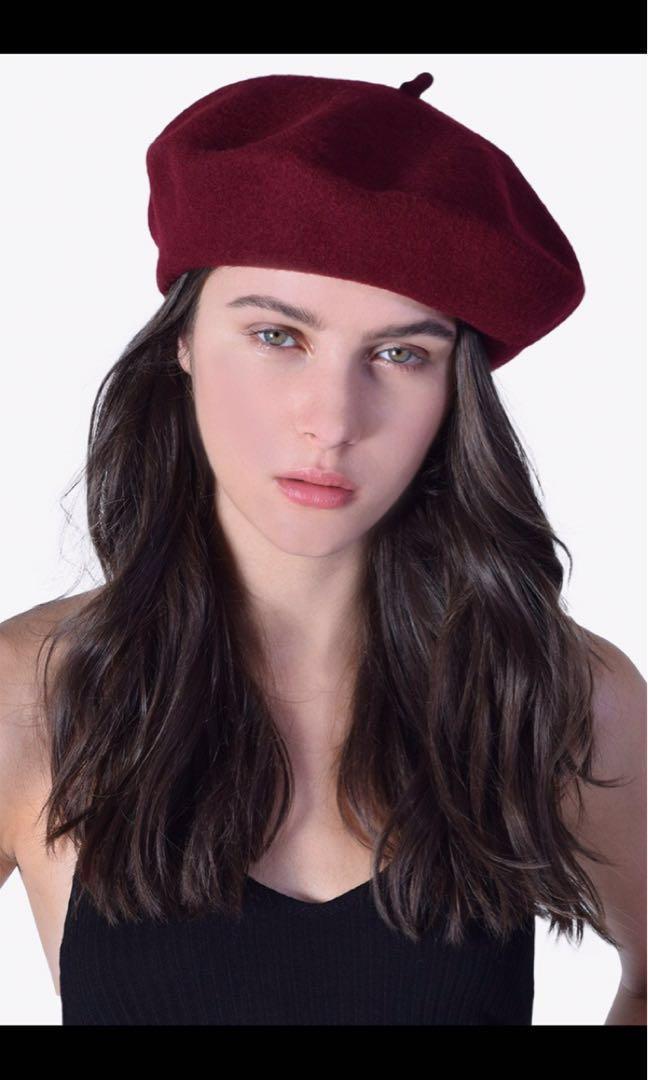 Zara Beret Wool Hat (Burgundy), Women's 